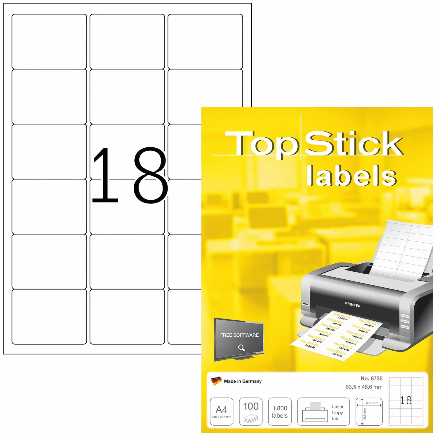TopStick 8735 etykiety adresowe, 100 arkuszy, 63,5 x 46,6 mm, 18 na arkusz A4, 1800 sztuk, samoprzylepne, do zadrukowania, matowe, czyste naklejki adresowe, białe