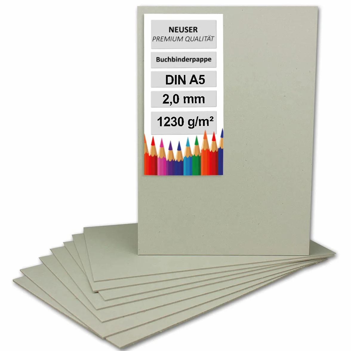 20 x tektura introligatorska DIN A5 (14,8 x 21 cm) – grubość 2,0 mm (0,2 cm) – gramatura: 1230 g/m² – szara tektura do majsterkowania, modelarstwa, bindowania książek